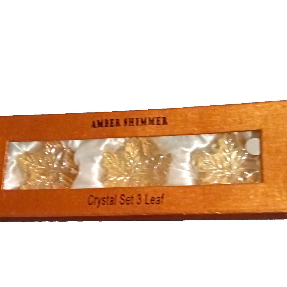 Simon Designs Amber Shimmer Crystal Leaf Ornaments Set of 3 Gold Decor